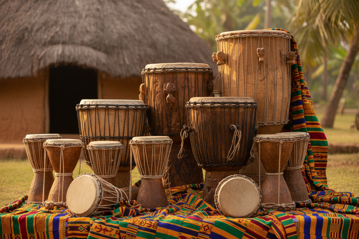 asante drums with asnate cloth